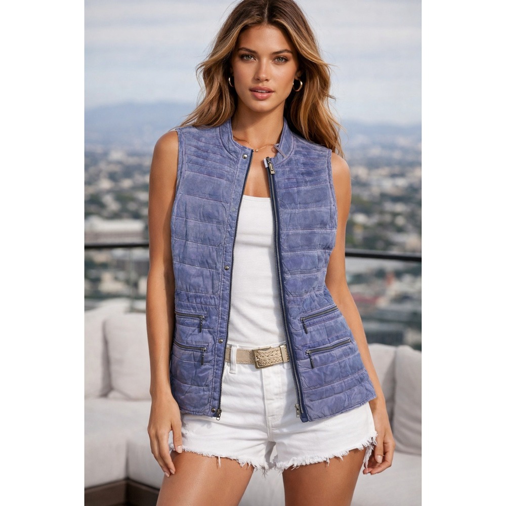 Yest Vest Womens Blue Quilted Puffer Distressed Lightweight Travel Layering Chic